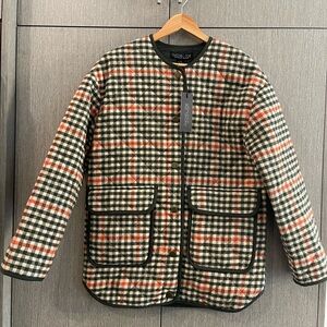 Rachel Zoe Quilted Plaid Jacket in Cream, dark green and orange details